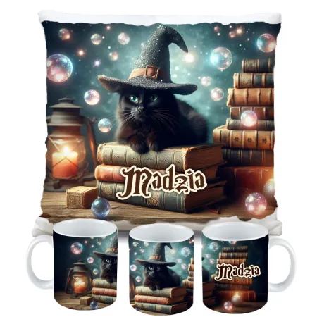 Zestaw Halloween MAGICZNY czarny KOT Kubek + Poduszka Prezent Upominek