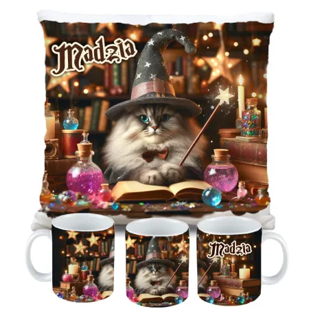 Zestaw Halloween MAGICZNY czarny KOT Kubek + Poduszka Prezent Upominek