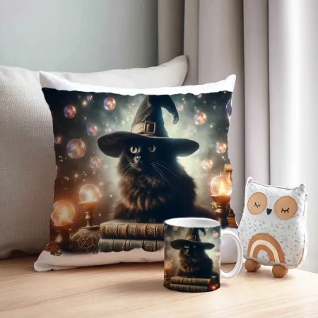 Zestaw Halloween MAGICZNY czarny KOT Kubek + Poduszka Prezent Upominek