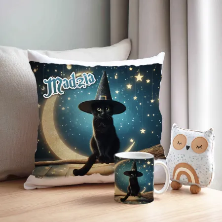 Zestaw Halloween MAGICZNY czarny KOT Kubek + Poduszka Prezent Upominek
