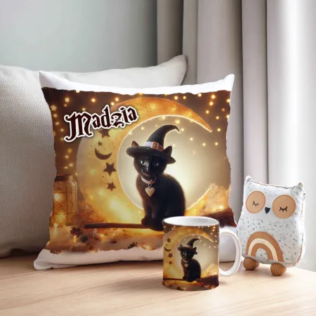 Zestaw Halloween MAGICZNY czarny KOT Kubek + Poduszka Prezent Upominek