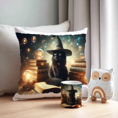Zestaw Halloween MAGICZNY czarny KOT Kubek + Poduszka Prezent Upominek