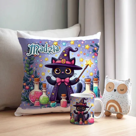 Zestaw Halloween MAGICZNY czarny KOT Kubek + Poduszka Prezent Upominek