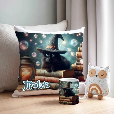 Zestaw Halloween MAGICZNY czarny KOT Kubek + Poduszka Prezent Upominek