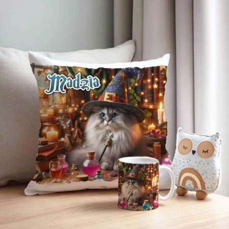 Zestaw Halloween MAGICZNY czarny KOT Kubek + Poduszka Prezent Upominek