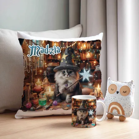 Zestaw Halloween MAGICZNY czarny KOT Kubek + Poduszka Prezent Upominek