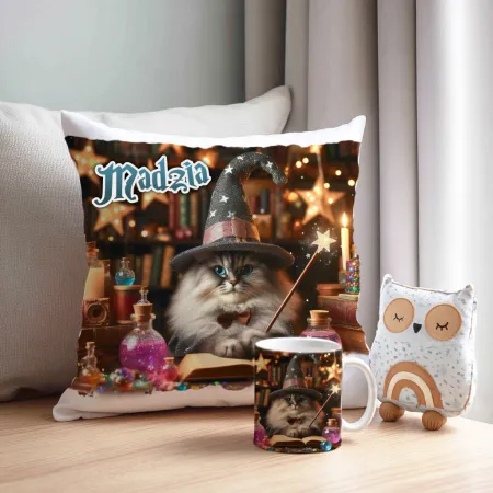 Zestaw Halloween MAGICZNY czarny KOT Kubek + Poduszka Prezent Upominek