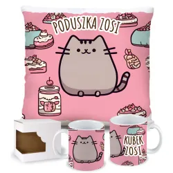 Zestaw Prezentowy KUBEK + Poduszka z Kotkiem Kotem Kotek z donutem Słodki Kotek Kot + imię na urodziny