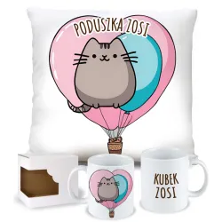 Zestaw Prezentowy KUBEK + Poduszka z Kotkiem Kotem Kotek z donutem Słodki Kotek Kot + imię na urodziny