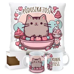 Zestaw Prezentowy KUBEK + Poduszka z Kotkiem Kotem Kotek z donutem Słodki Kotek Kot + imię na urodziny