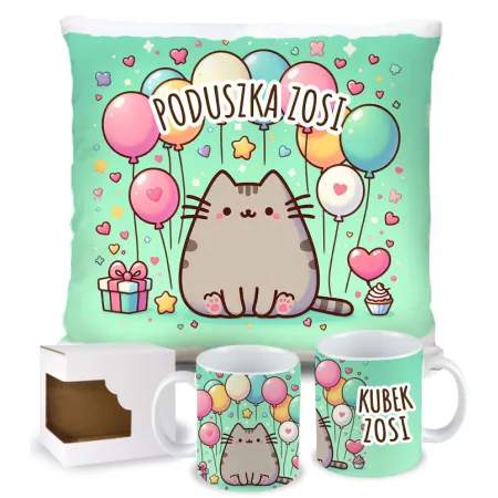 ZESTAW PODUSZKA KUBEK Z NADRUKIEM SŁODKIEGO KOTKA KOTA SŁODKI KOTEK KOT