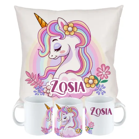 ZESTAW PODUSZKA KUBEK JEDNOROŻEC UNICORN NA URODZINY