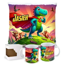 ZESTAW PREZENTOWY Kubek Poduszka Dinozaur Dinozaury T-rex Super Dinuś