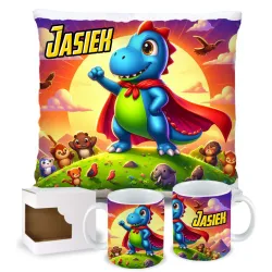 ZESTAW PREZENTOWY Kubek Poduszka Dinozaur Dinozaury T-rex Super Dinuś