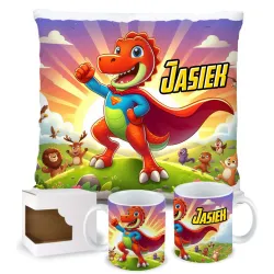ZESTAW PREZENTOWY Kubek Poduszka Dinozaur Dinozaury T-rex Super Dinuś