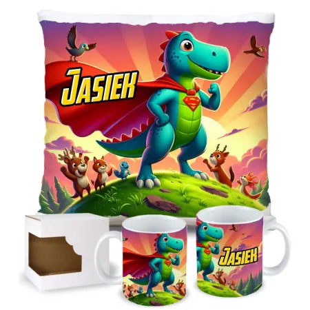 ZESTAW PREZENTOWY Kubek Poduszka Dinozaur Dinozaury T-rex Super Dinuś