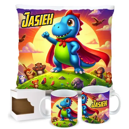 ZESTAW PREZENTOWY Kubek Poduszka Dinozaur Dinozaury T-rex Super Dinuś