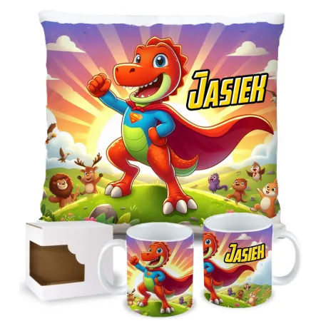 ZESTAW PREZENTOWY Kubek Poduszka Dinozaur Dinozaury T-rex Super Dinuś