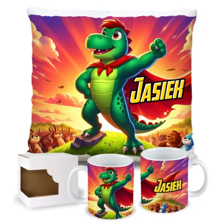 ZESTAW PREZENTOWY Kubek Poduszka Dinozaur Dinozaury T-rex Super Dinuś