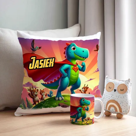ZESTAW PREZENTOWY Kubek Poduszka Dinozaur Dinozaury T-rex Super Dinuś