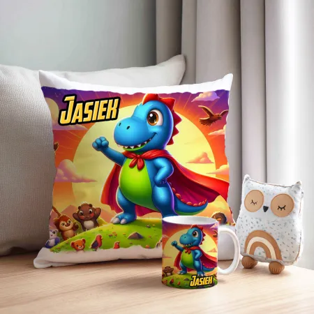ZESTAW PREZENTOWY Kubek Poduszka Dinozaur Dinozaury T-rex Super Dinuś