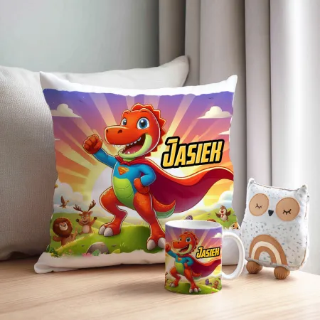 ZESTAW PREZENTOWY Kubek Poduszka Dinozaur Dinozaury T-rex Super Dinuś