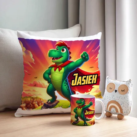 ZESTAW PREZENTOWY Kubek Poduszka Dinozaur Dinozaury T-rex Super Dinuś