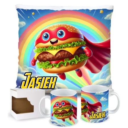 Zing Bites Snack Stars – Zestaw Super Burger : Poduszka + Kubek z Imieniem!