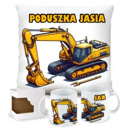 Zestaw Prezentowy Poduszka + Kubek z Żółtą Koparką Prezent dla Chłopca