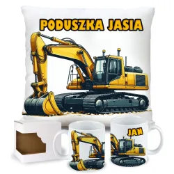 Zestaw Prezentowy Poduszka + Kubek z Żółtą Koparką Prezent dla Chłopca