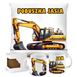 Zestaw Prezentowy Poduszka + Kubek z Żółtą Koparką Prezent dla Chłopca
