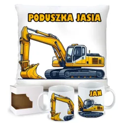 Zestaw Prezentowy Poduszka + Kubek z Żółtą Koparką Prezent dla Chłopca