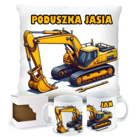 Zestaw Prezentowy Poduszka + Kubek z Żółtą Koparką Prezent dla Chłopca