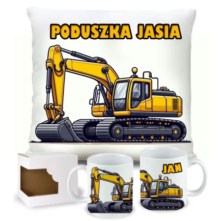 Zestaw Prezentowy Poduszka + Kubek z Żółtą Koparką Prezent dla Chłopca