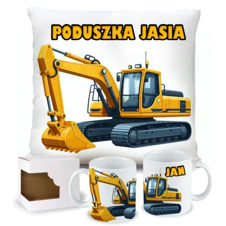 Zestaw Prezentowy Poduszka + Kubek z Żółtą Koparką Prezent dla Chłopca