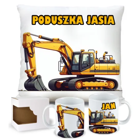 Zestaw Prezentowy Poduszka + Kubek z Żółtą Koparką Prezent dla Chłopca
