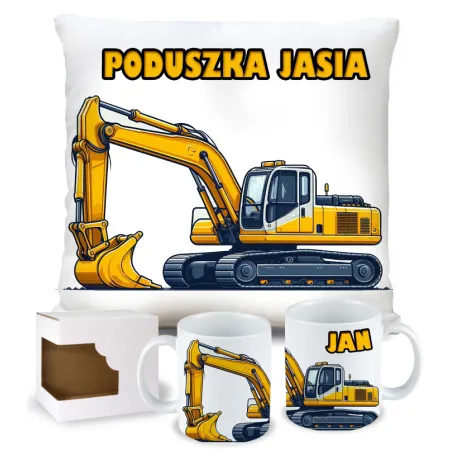 Zestaw Prezentowy Poduszka + Kubek z Żółtą Koparką Prezent dla Chłopca