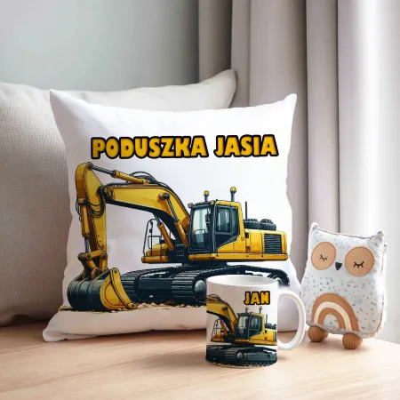 Zestaw Prezentowy Poduszka + Kubek z Żółtą Koparką Prezent dla Chłopca