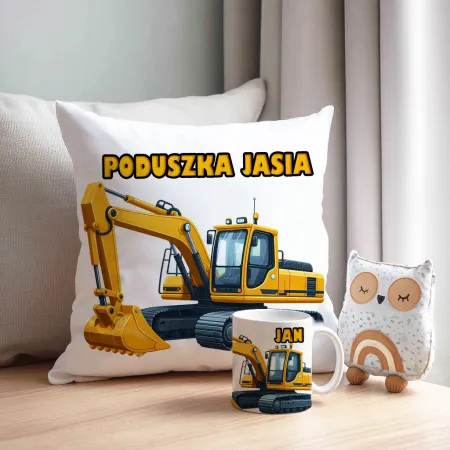 Zestaw Prezentowy Poduszka + Kubek z Żółtą Koparką Prezent dla Chłopca