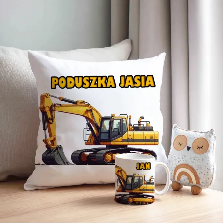 Zestaw Prezentowy Poduszka + Kubek z Żółtą Koparką Prezent dla Chłopca