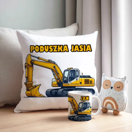 Zestaw Prezentowy Poduszka + Kubek z Żółtą Koparką Prezent dla Chłopca